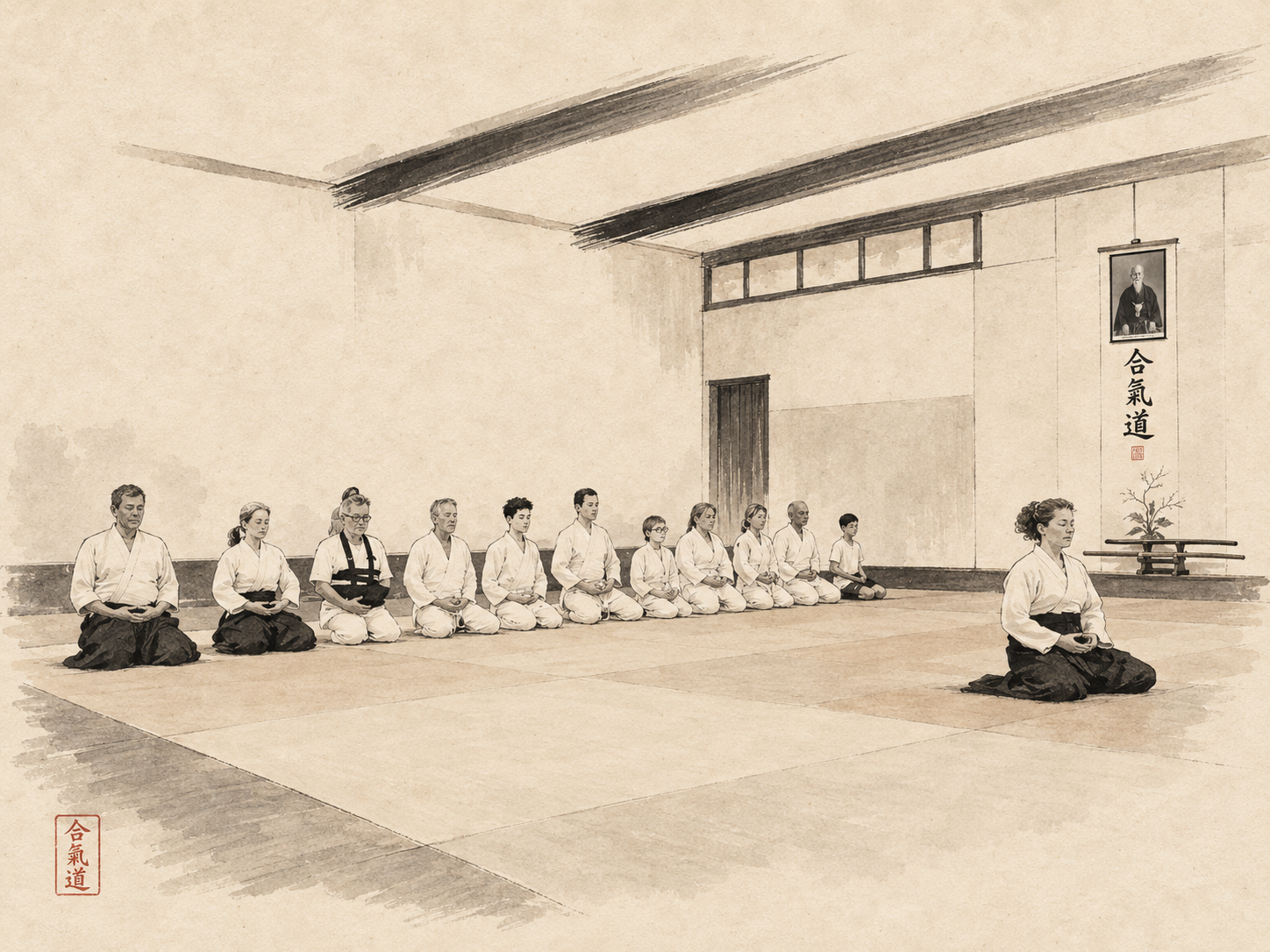 Illustration à l'encre : pratiquants d'aïkido en seiza lors du salut d'ouverture, face au kakemono 合氣道 et au portrait de Morihei Ueshiba